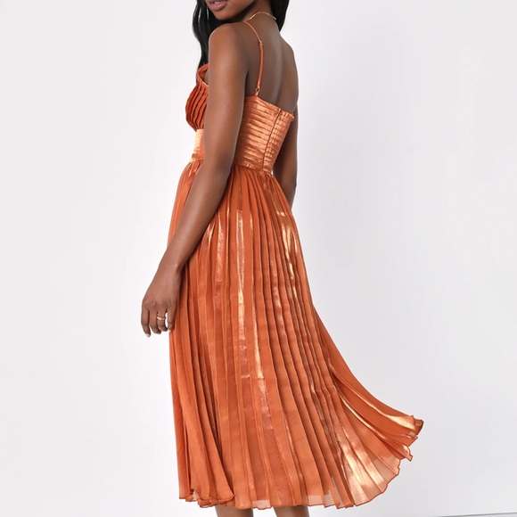 Lulus Romantic Aesthetic Shiny Rust Orange Pleated Midi Dress - Picture 3 of 3